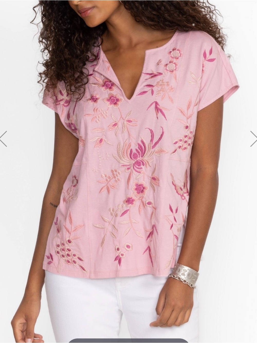Johnny Was Pink Floral Embroidered V-Neck Tunic Top